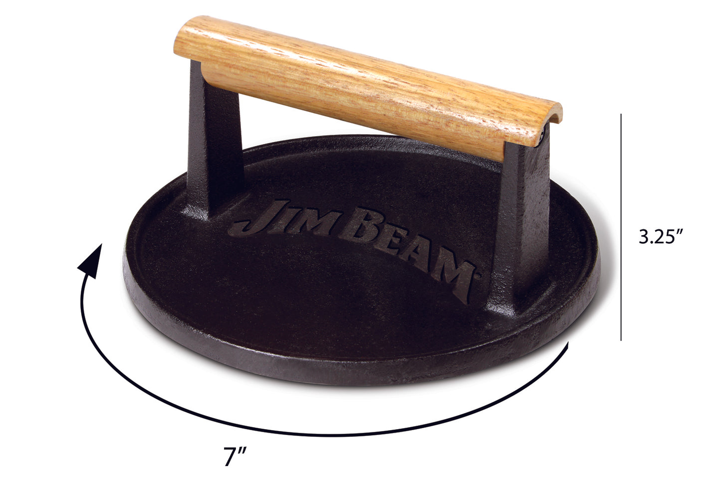 An image showing the dimensions of the 7-inch Jim Beam® Cast Iron Burger Press.