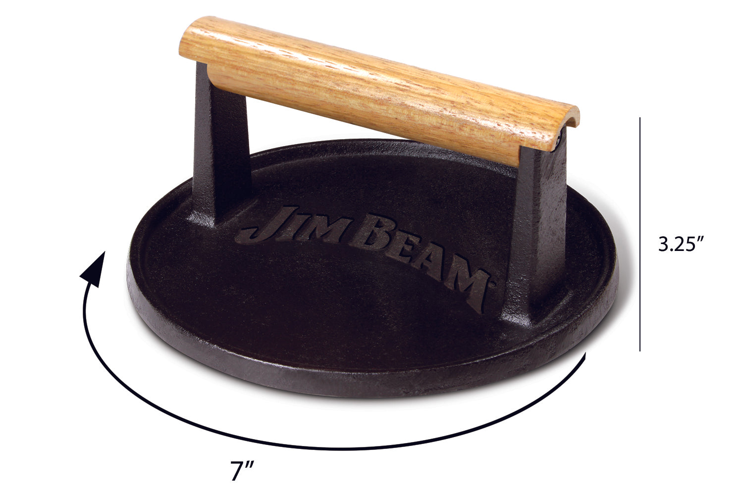 An image showing the dimensions of the 7-inch Jim Beam® Cast Iron Burger Press.