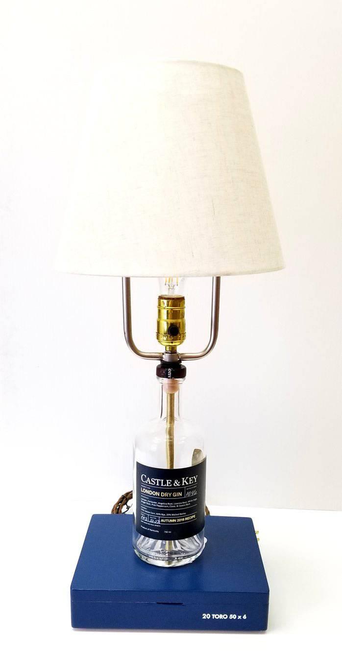 Castle & Key Gin Bottle Lamp on Cigar Box Base - A Taste of Kentucky