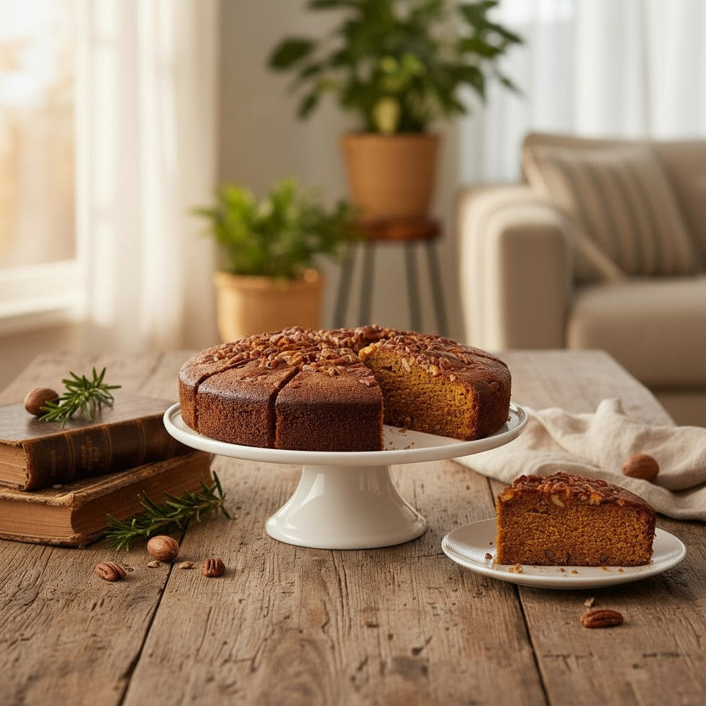 Lifestyle image of the Cayman Cove Rum Cake presented on a dessert table with coffee and festive decor.