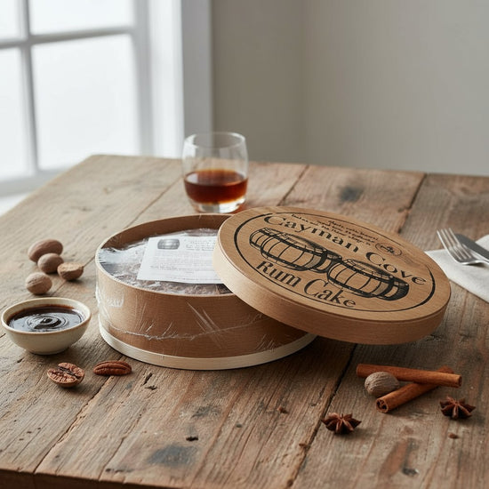 Wooden gift box with 'Cayman Cove Rum Cake' lid on a wooden table with cake, glass, and spices.