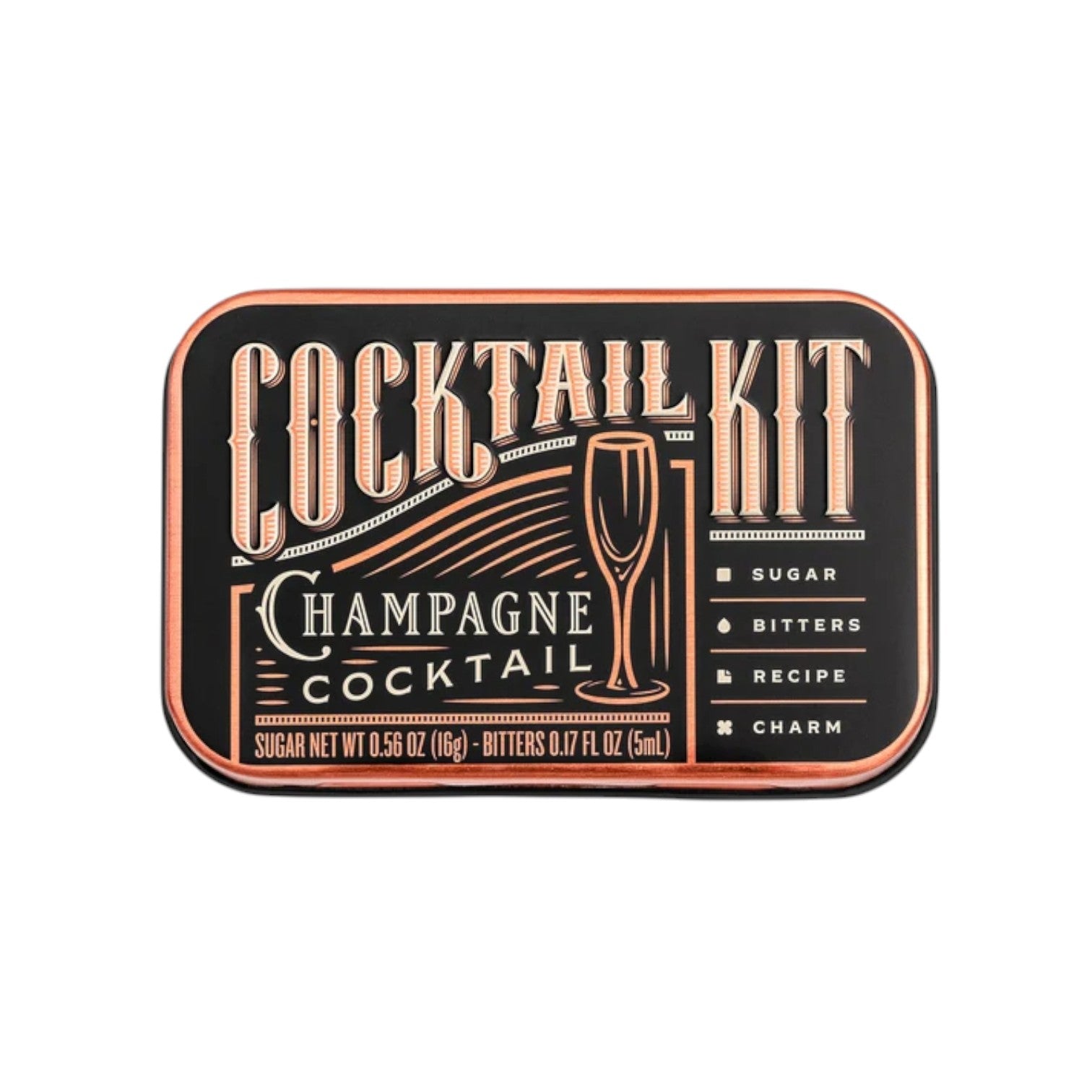 The Champagne Cocktail Kit inside its compact and stylish travel tin.