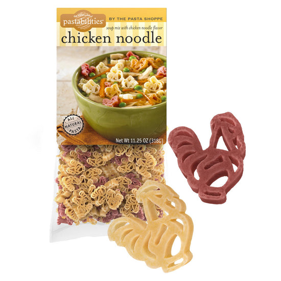 Packaging of Pastabilities chicken noodle flavor pasta with two pasta shapes on a white background