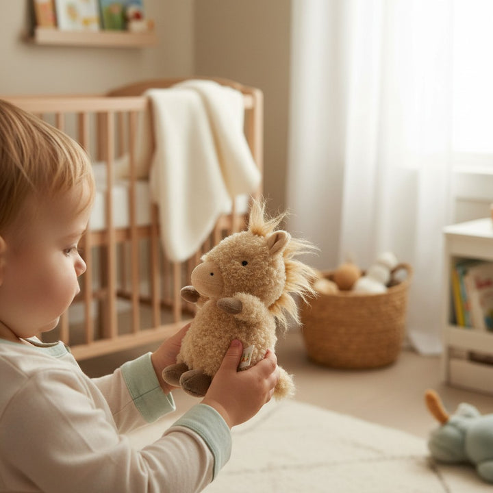 A toddler holding the Wee Pony Boy toy during playtime in a brightly lit room.