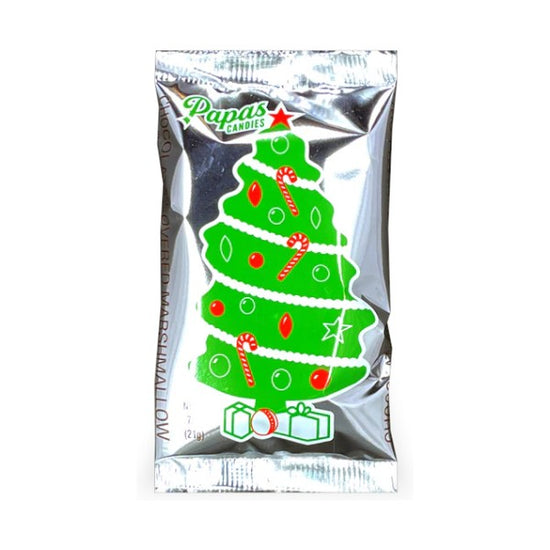Packaged Christmas tree-shaped candy with 'Papa's Candies' branding on a white background