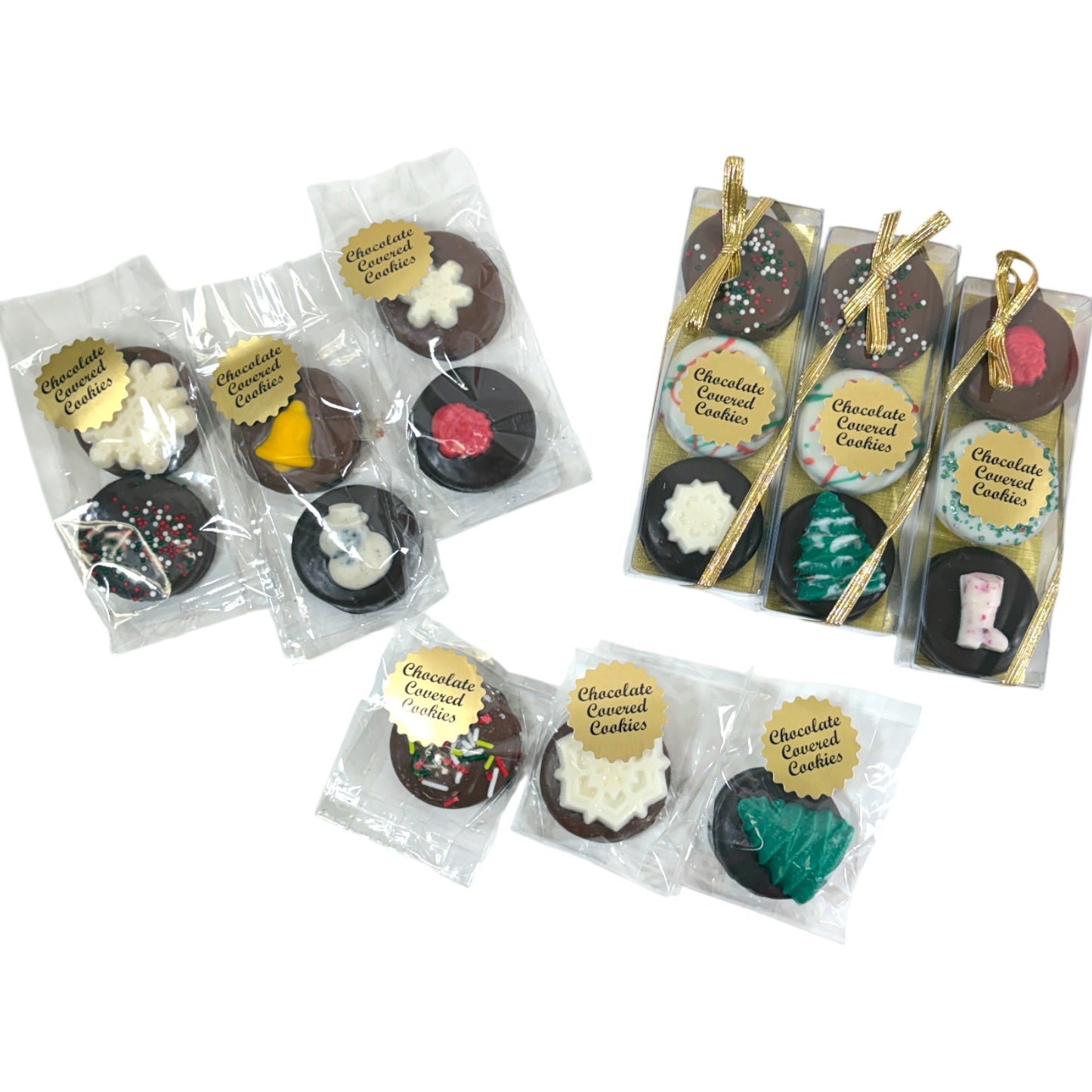 An assortment of Chocolate Covered Christmas Oreos with different festive designs.