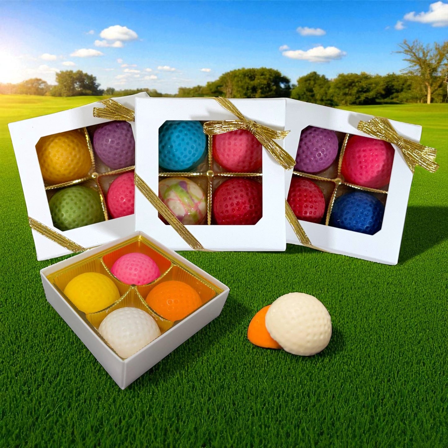 Colorful chocolate golf balls in open boxes on a grassy field with a clear sky.