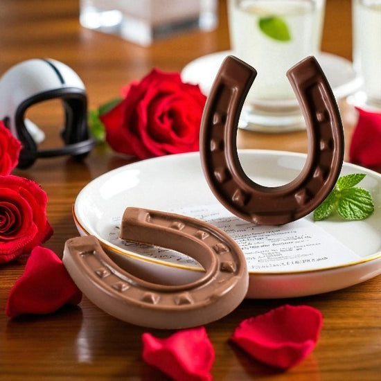 Chocolate horseshoe decorations on a plate with red roses and rose petals on a wooden table.