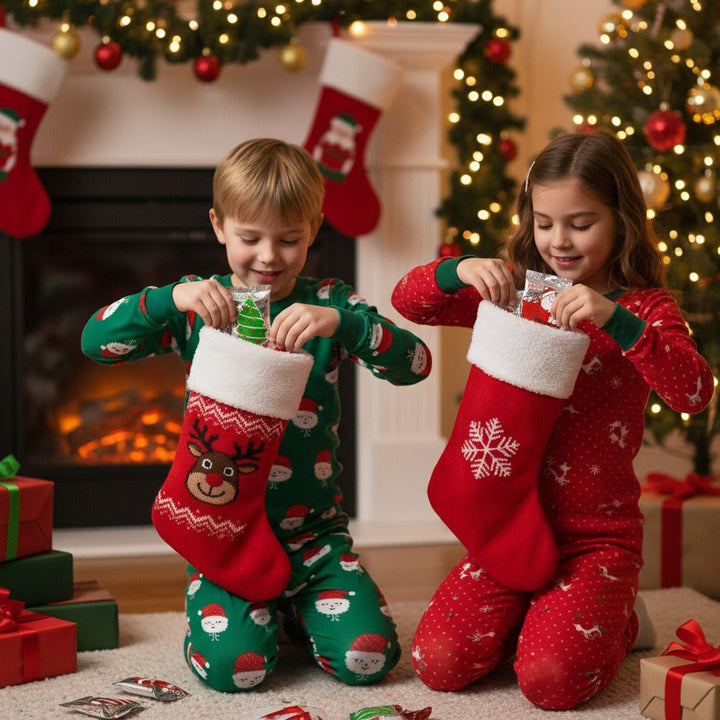 Two children in pajamas opening Christmas stockings in a festive room with a fireplace and tree.