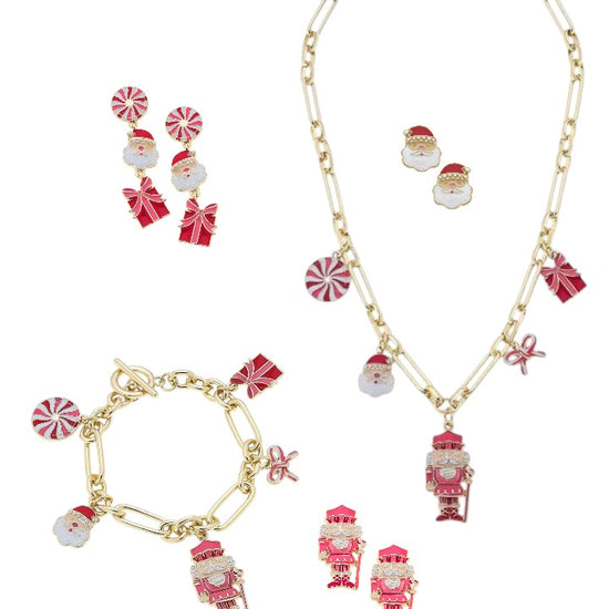 The complete Christmas Cheer Enamel Jewelry Collection, including the necklace, bracelet, and earrings.