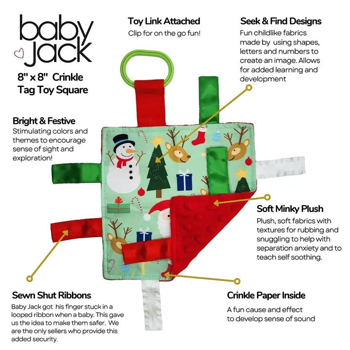 Baby Jack crinkle tag toy square with features highlighted on a white background