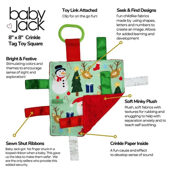 Baby Jack crinkle tag toy square with features highlighted on a white background