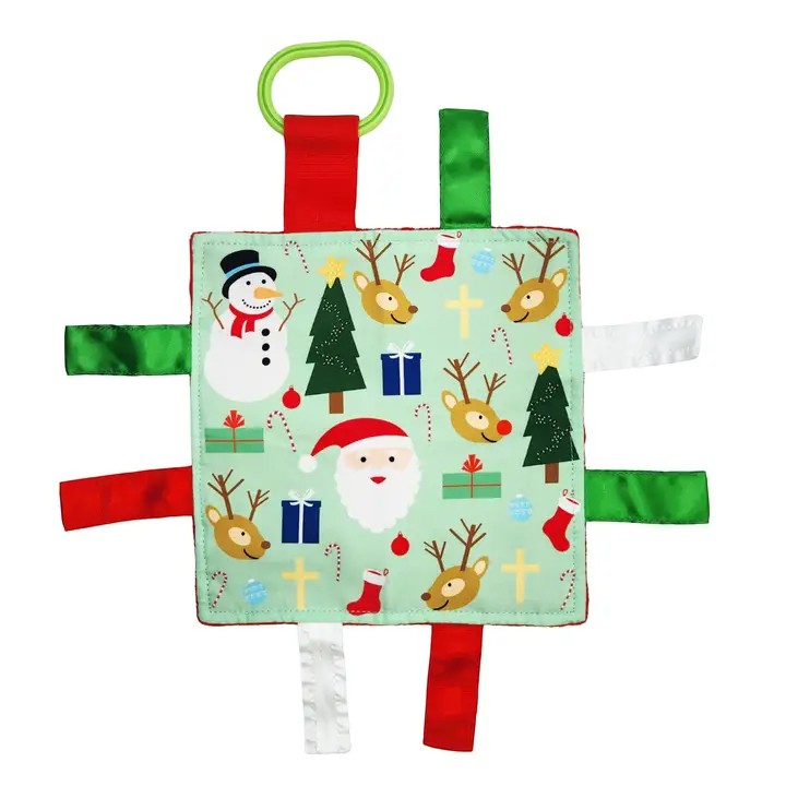 The square Christmas-themed crinkle tag toy with red, green, and white ribbons.