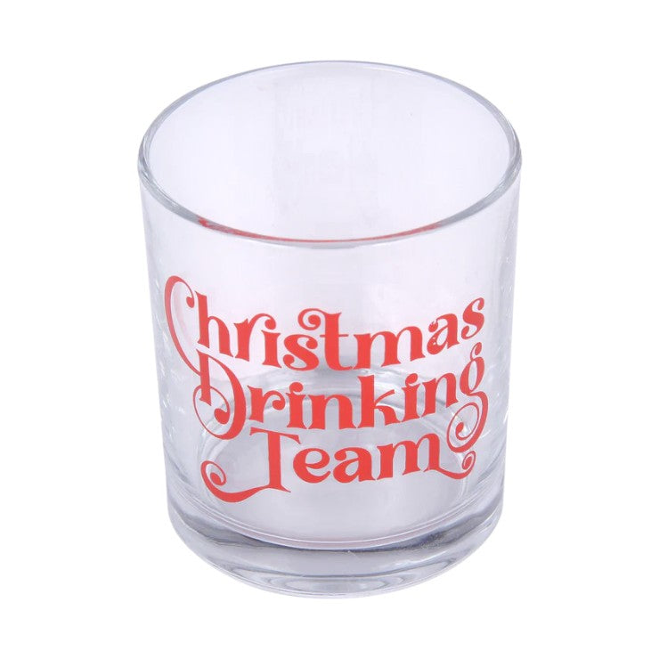 The "Christmas Drinking Team" rocks glass shown from the front.