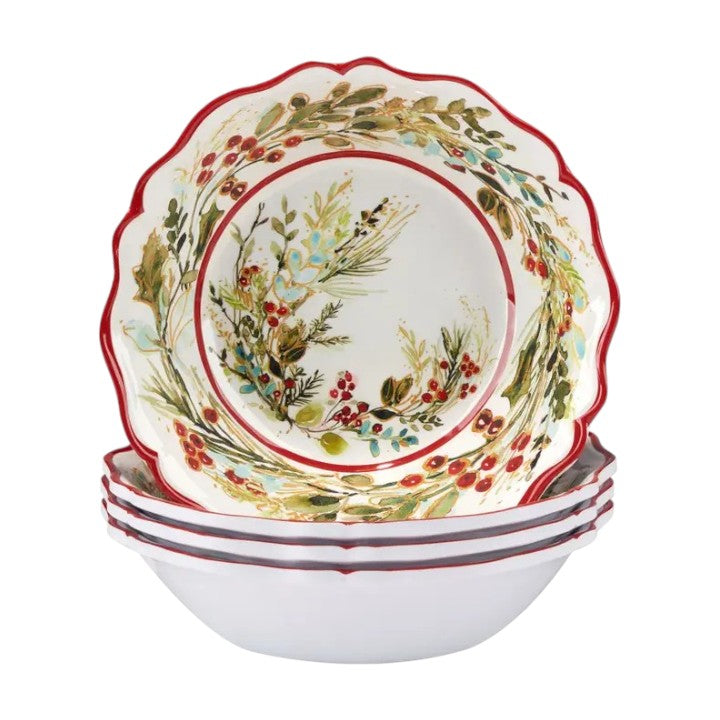 Set of ceramic bowls with floral designs on a white background