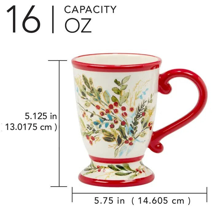 Decorative mug with floral design and red handle, shown with measurements on a white background.