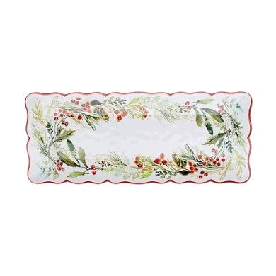 Decorative table runner with floral and leaf pattern on a white background