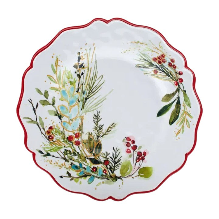 Decorative plate with festive greenery design on a white background
