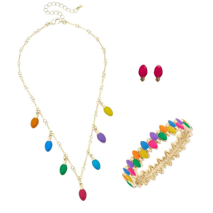 The complete Christmas Lights Enamel Jewelry set, including the necklace, bangle, and stud earrings.