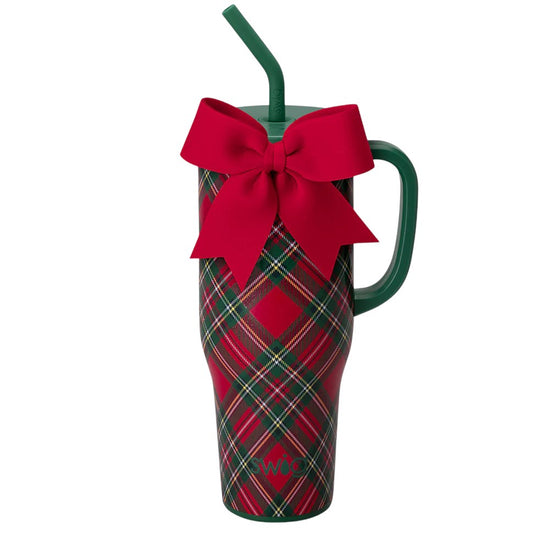 Swig 40oz Mega Mug in Christmas Plaid with green handle and straw, topped with a large red bow.