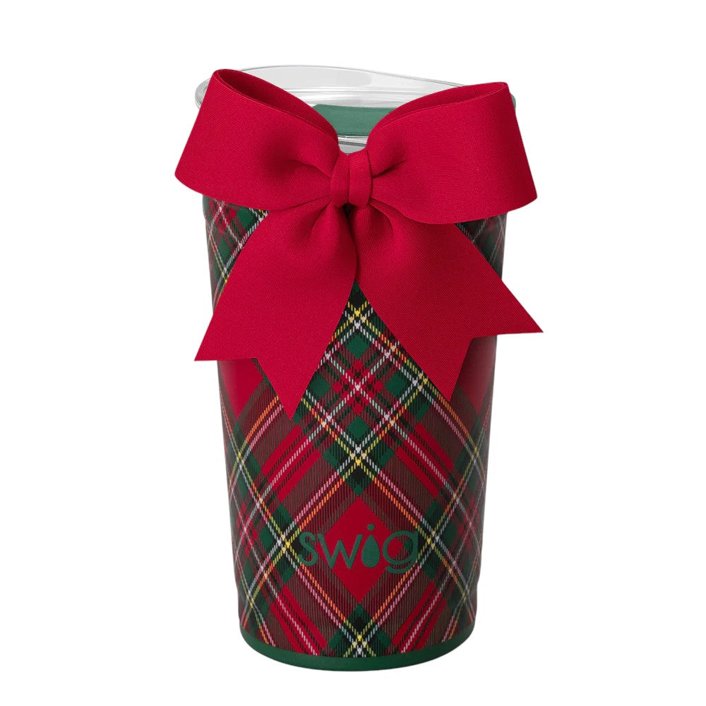 Swig 24oz party cup in Christmas Plaid with clear lid and a large red bow.