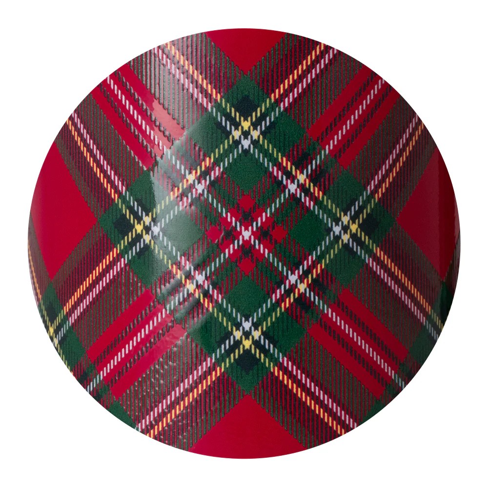 Close-up of Swig Christmas Plaid print in red and green tartan with white and yellow accents.