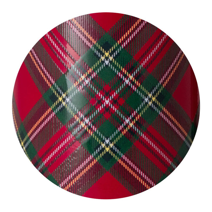 Close-up of Swig Christmas Plaid print in red and green tartan with white and yellow accents.