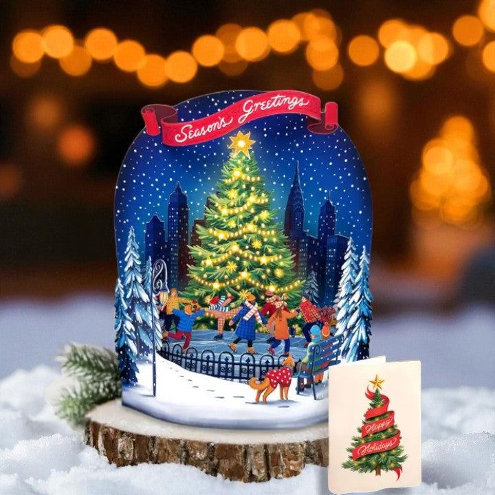 Christmas-themed snow globe with people skating around a tree, set against a blurred festive background.