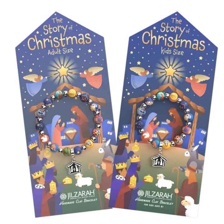 Two packaging designs for JILZARAH Story of Christmas bracelets, one for adults and one for kids.