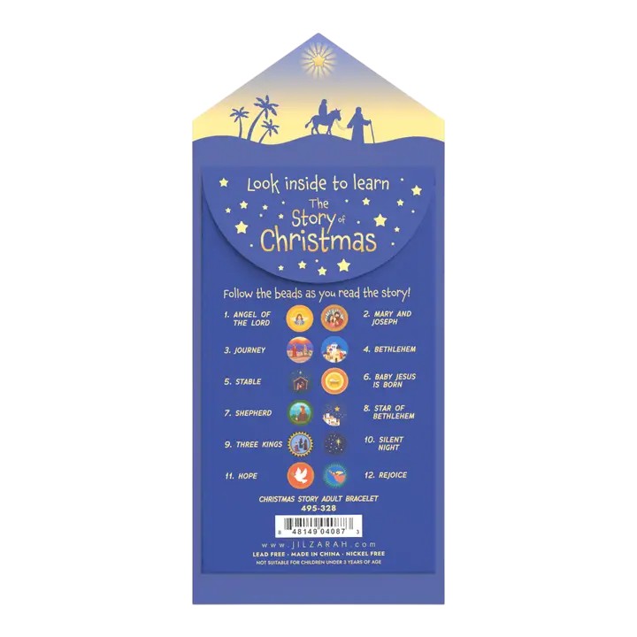 Educational Christmas bracelet packaging with illustrations and text on a white background