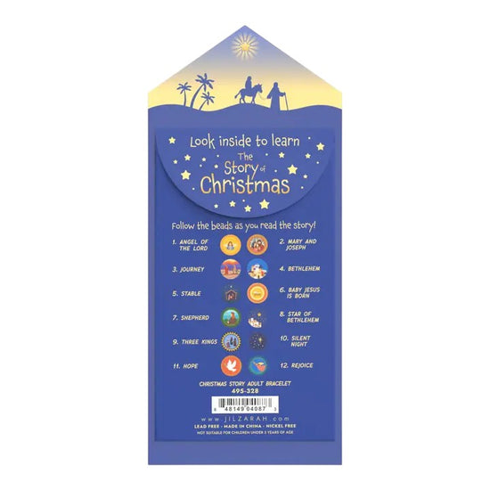 Educational Christmas bracelet packaging with illustrations and text on a white background