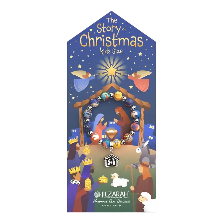 Jilzarah 'The Story of Christmas' kids size bracelet packaging with nativity scene illustration.