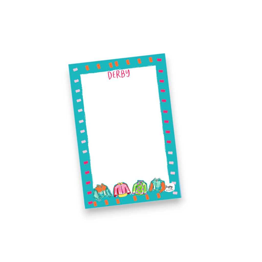 A thick 4x6 inch notepad featuring colorful Derby-themed illustrations, perfect for equestrian stationery gifts.