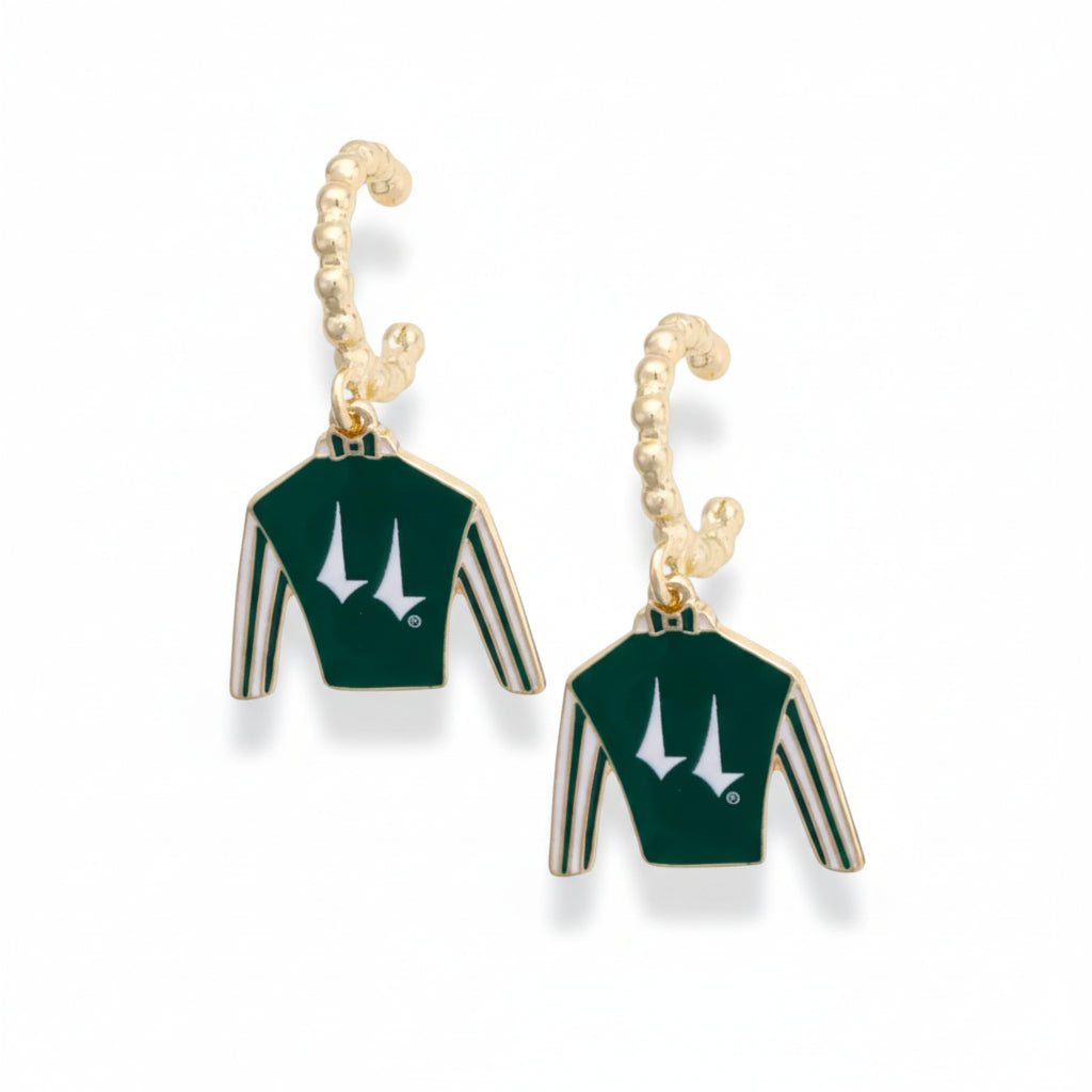 A pair of the Churchill Downs Jockey Silk Enamel Twisted Hoop Earrings, showing the green and white silk charms on gold-toned textured hoops.