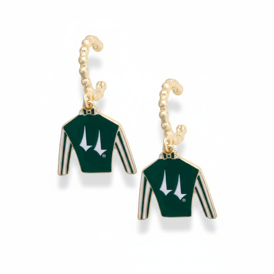 A pair of the Churchill Downs Jockey Silk Enamel Twisted Hoop Earrings, showing the green and white silk charms on gold-toned textured hoops.