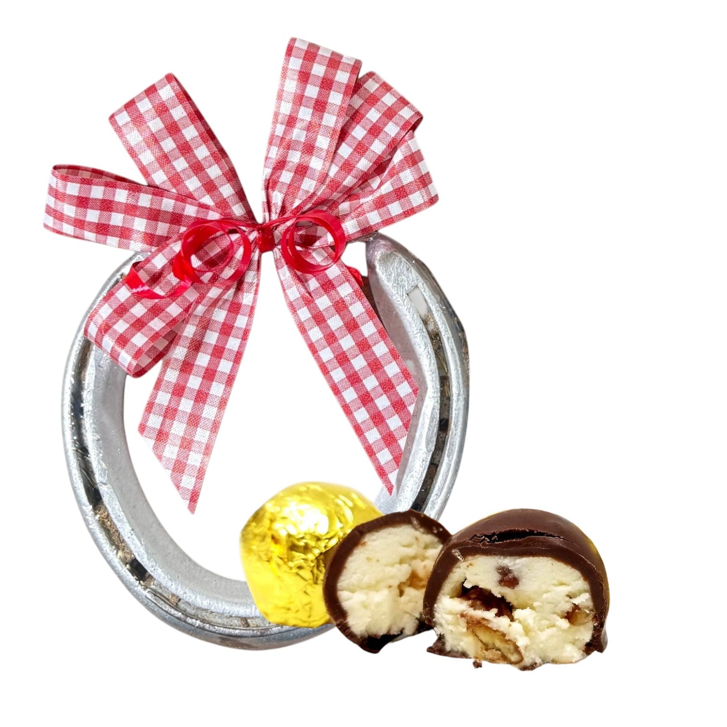 Genuine track horseshoe Derby party favor paired with two dark chocolate Gourmet Bourbon Balls made with 4 Roses Bourbon, finished with a handmade gingham bow.