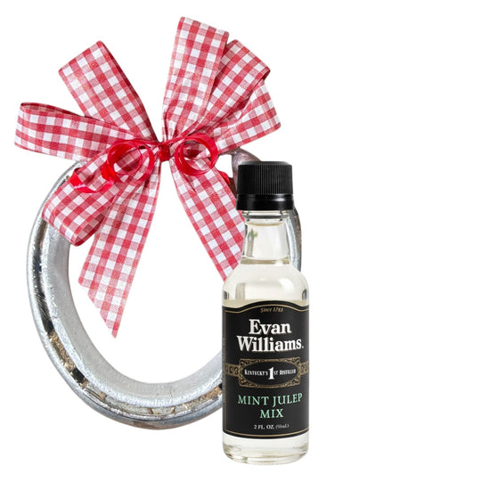 Genuine track horseshoe Derby party favor paired with a mini Evan Williams Mint Julep Mix bottle, finished with a handmade gingham bow.