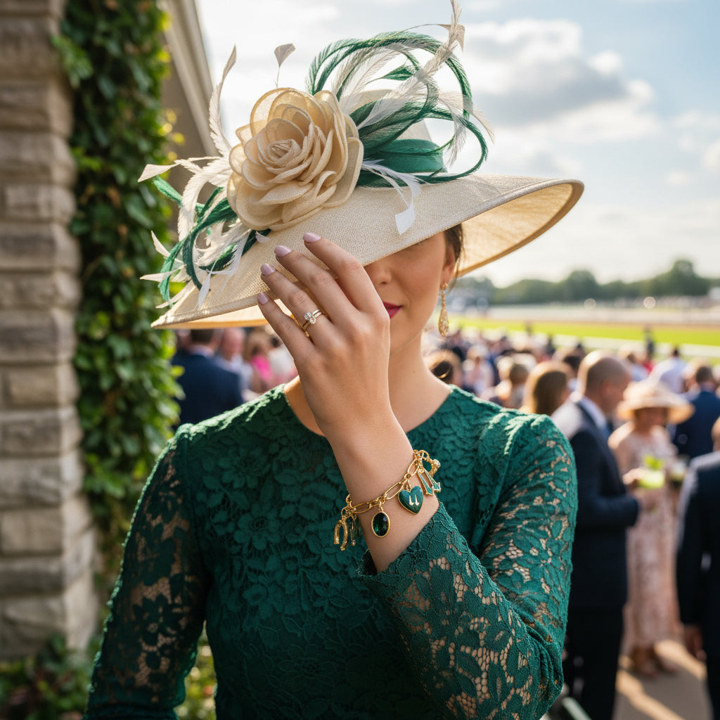 A model wearing the green and gold Churchill Downs charm bracelet, styled for a Kentucky Derby event.