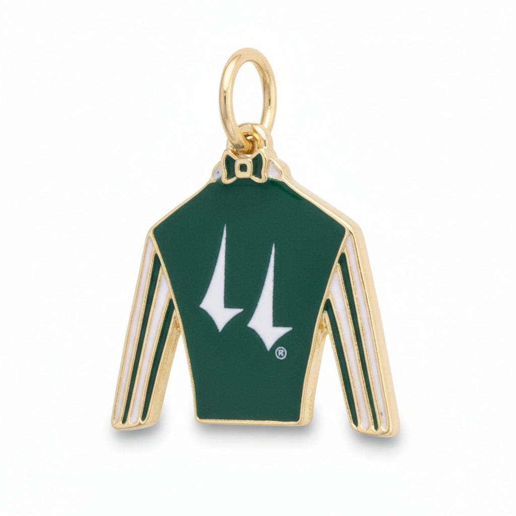 Front view of the standalone Churchill Downs jockey silk enamel charm in dark green and white with gold-tone accents.