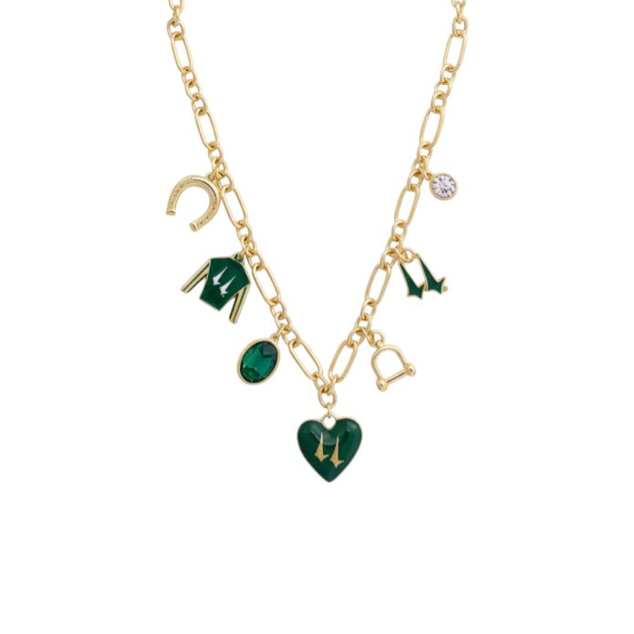 A close-up view of the glossy green and white enamel Churchill Downs jockey silk charm on its delicate gold-tone chain.