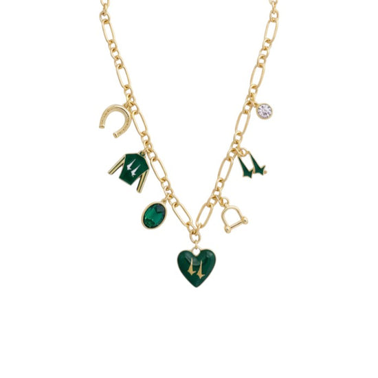 A close-up view of the glossy green and white enamel Churchill Downs jockey silk charm on its delicate gold-tone chain.
