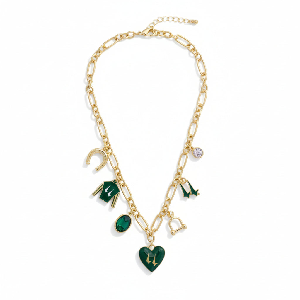 The Churchill Downs Jockey Silk Enamel Charm Necklace, showing the green and white silk charm on its 16-inch adjustable gold-tone chain.