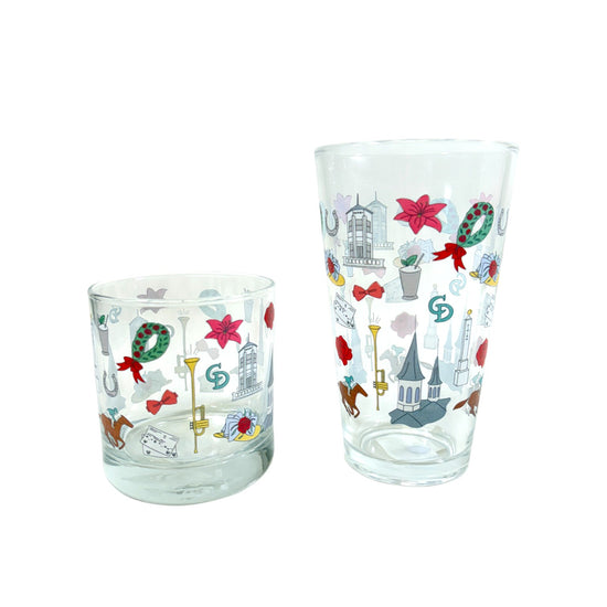 A 10oz Churchill Downs Whimsey rocks glass and a 16oz pint glass on a white background.