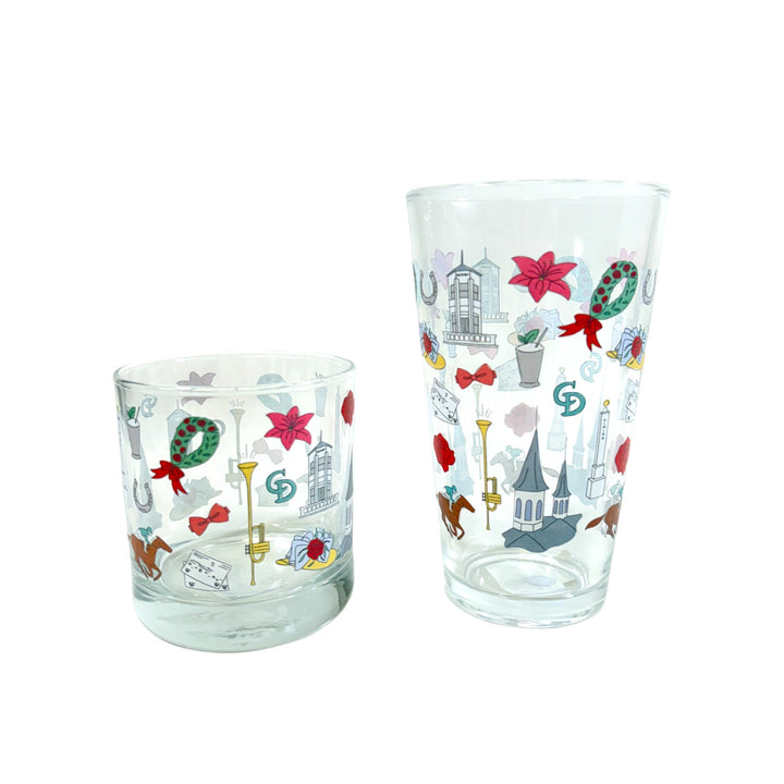A 10oz Churchill Downs Whimsey rocks glass and a 16oz pint glass on a white background.