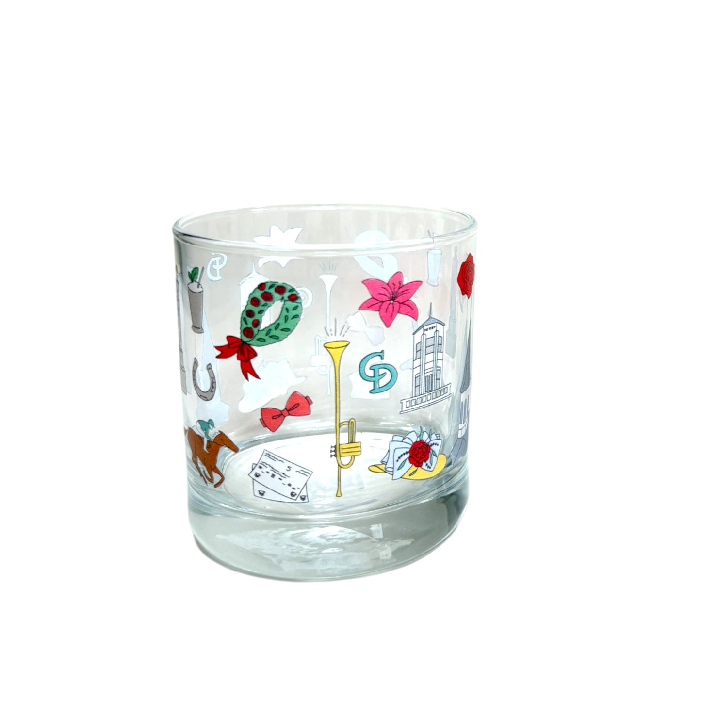 A 16oz Churchill Downs Whimsey pint glass on a white background.