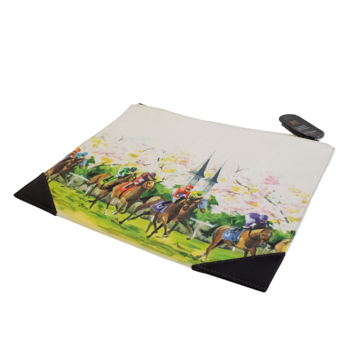 Pouch with horse racing design on a white background