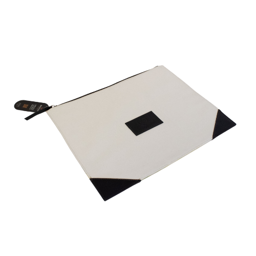 White pouch with black accents on a white background