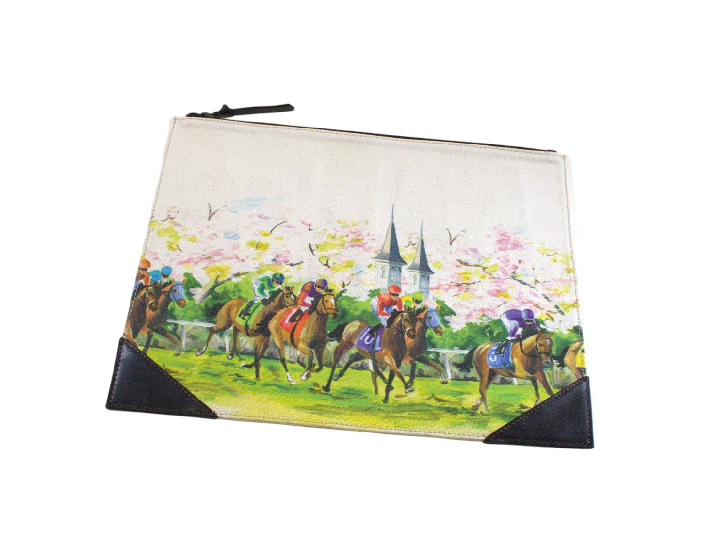 Pouch with horse racing design on a white background