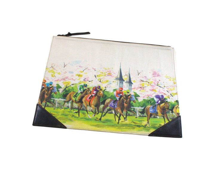 Pouch with horse racing design on a white background