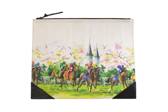 Pouch with a horse race design on a white background